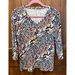 Chicos 100% Cotton Abstract Print V Neck 3/4 Sleeve Top Size 2